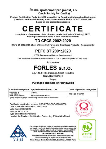 FORLES certifikát PEFC COC 1